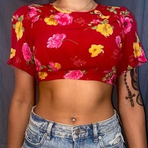 Bleuh Ciel, Medium, red floral open back crop top